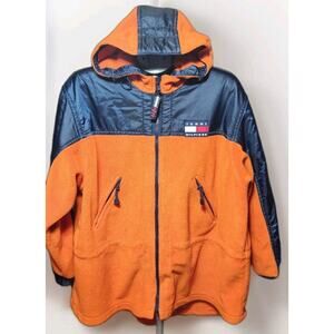 Tommy Hilfiger Fleece Hooded Jacket Men's Size XL Orange/Navy Cinch Hood